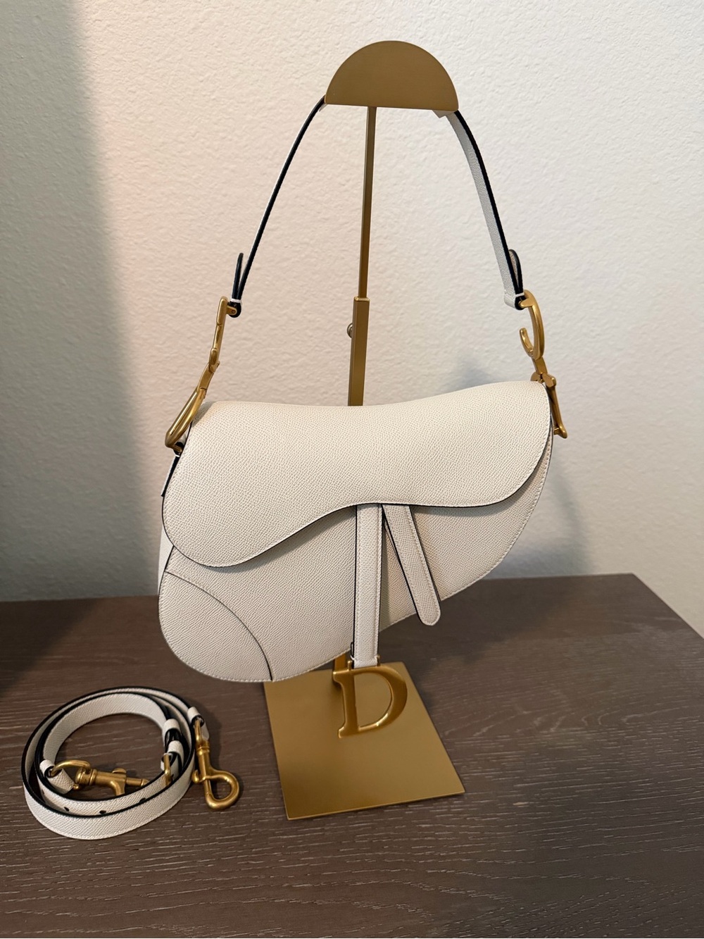 Dior White Textured Saddle Shoulder Bag with Gold Hardware